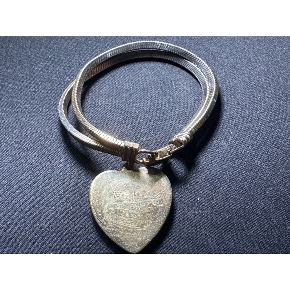 Vintage Coro Double Strand Snake Chain Heart Pendant Bracelet Mickey Engraved